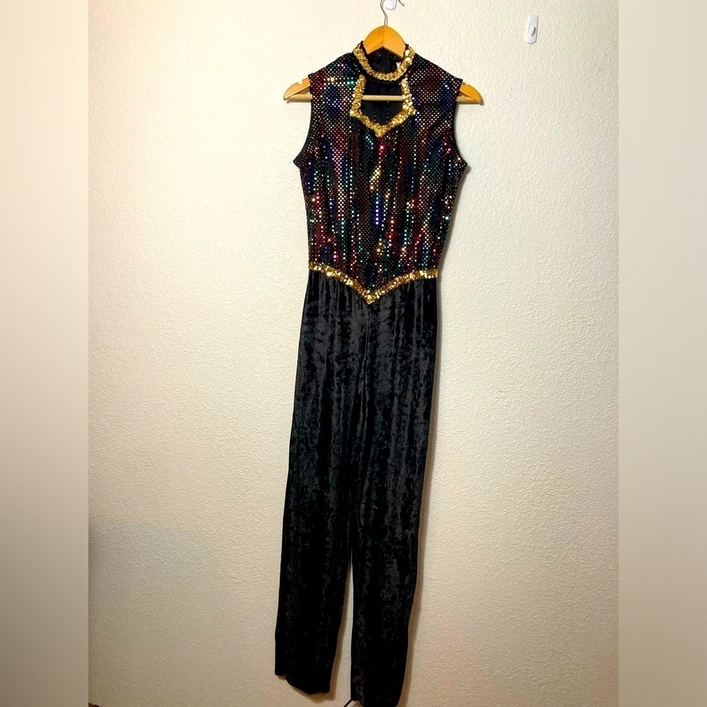 Colorifics Black Velvet Jumpsuit With Colorful Sequins Medium Choker Neck